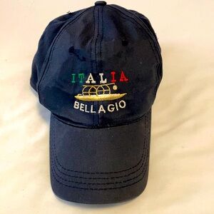 Italia Bellagio unisex baseball cap. Adjustable Velcro back. Navy blue.